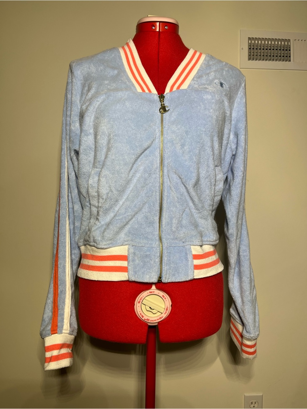 Champion Light Blue Terry Varsity Jacket with Coral Stripe Trim